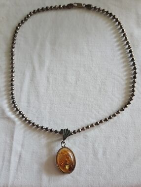 Sterling Bead 925 Necklace with Amber Oval Pendant - Brown Amber